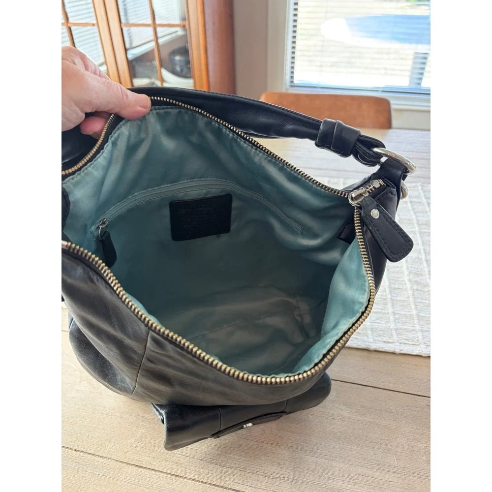 Coach Kristen Black Leather Hobo Bag Turnlock Pocket 14382 Teal Lining